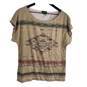 LRL Lauren Jeans Top Women's Sz XL Beige Green Short Sleeve Aztec Southwestern